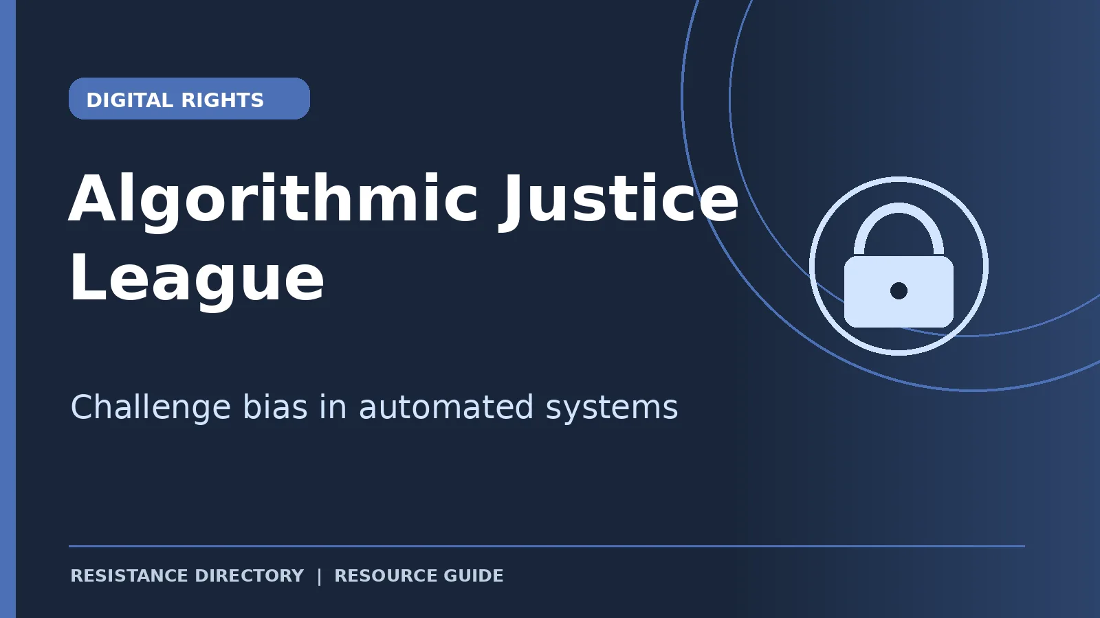 Custom Resistance Directory resource card for Algorithmic Justice League, challenging algorithmic bias and discrimination.