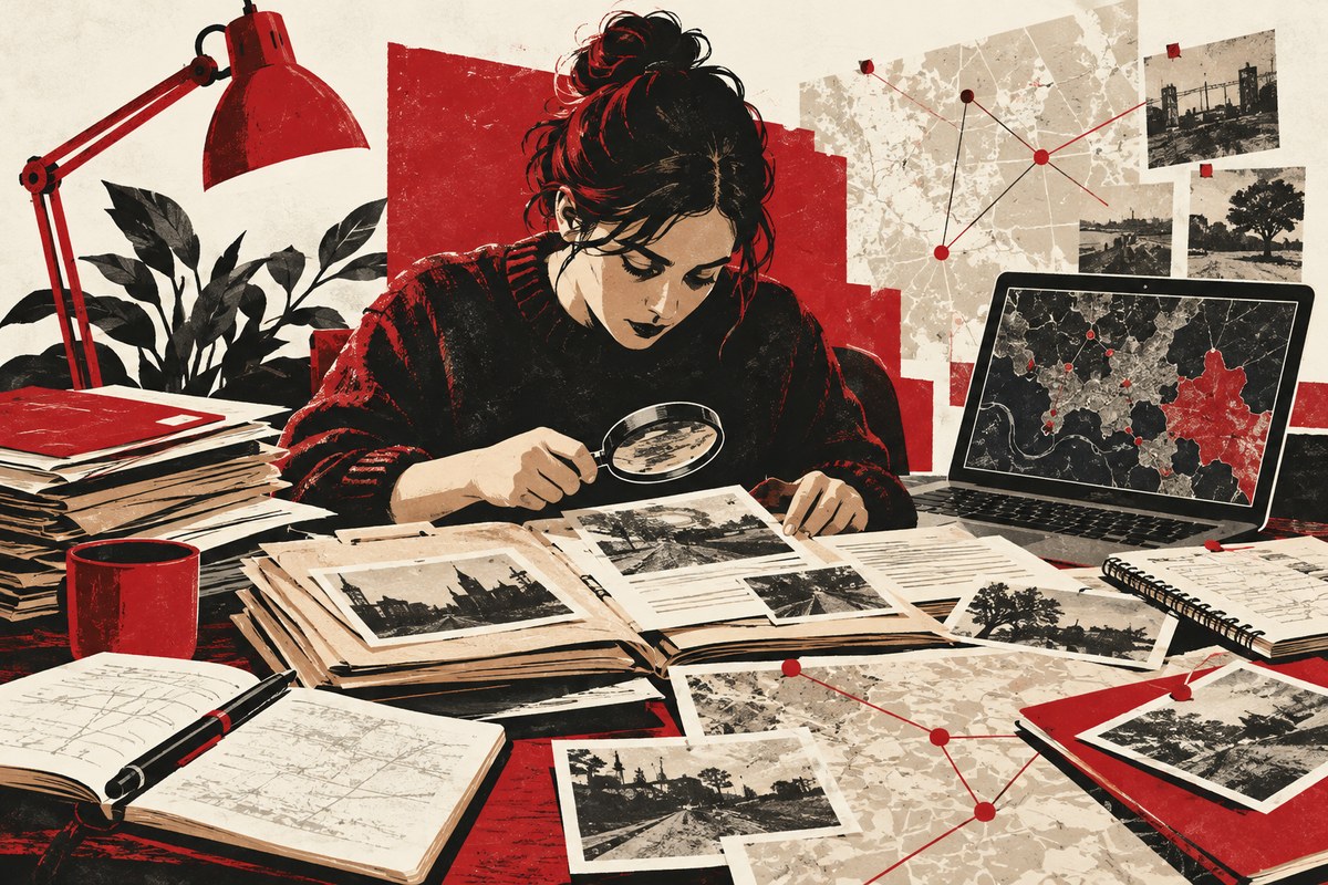 Illustration of a researcher examining records beside a laptop